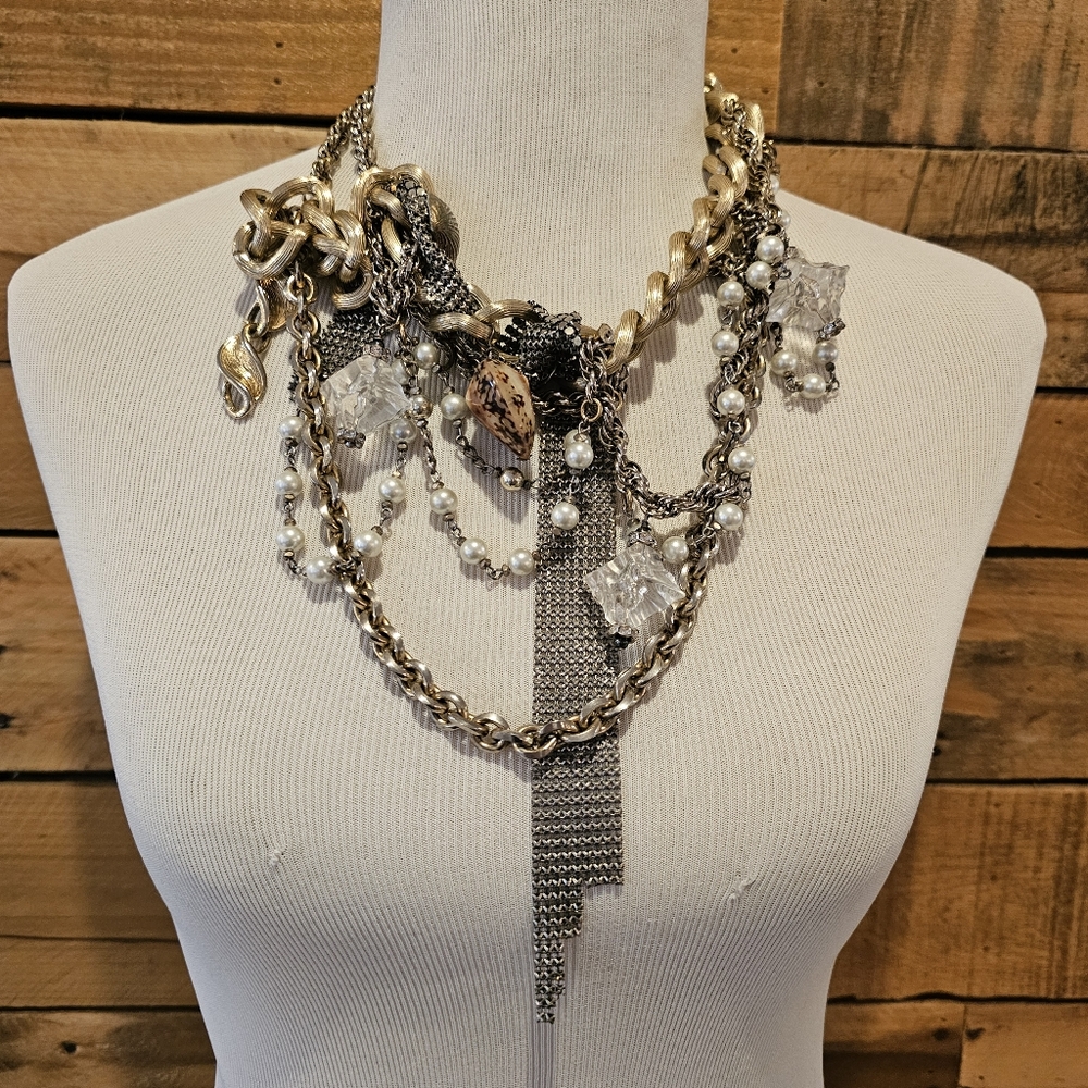 Mishka Piaf goldtone statement necklace made with repurposed vintage jewelry - Picture 2 of 11
